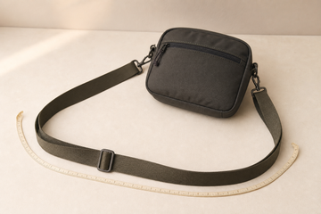 Measuring tape and adjustable crossbody bag strap used to compare strap length