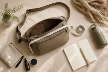 Crossbody bag, measuring tape and checklist used to check details before buying a bag online