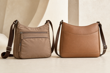Generic nylon and PU leather crossbody bags shown side by side