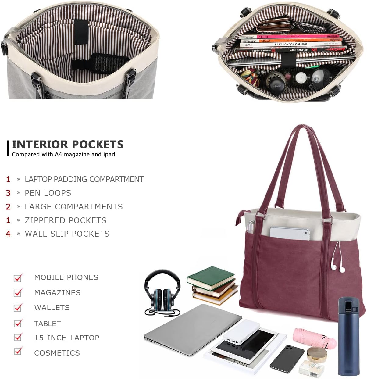 Women Laptop Tote Bag for Work – Lightweight Splice Canvas 15.6 Inch Handbag Purse
