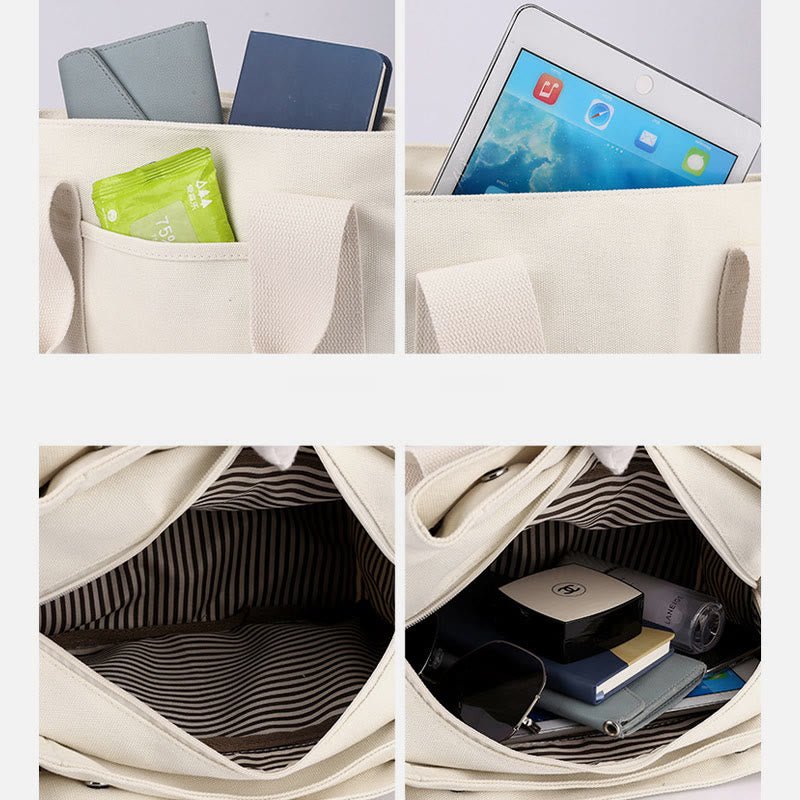 Solid color triple compartment canvas crossbody tote bag