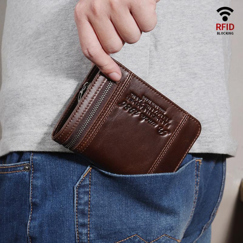 RFID Large Capacity Bifold Wallet for Men – Retro Genuine Leather with 20 Card Slots & Zipper Pockets