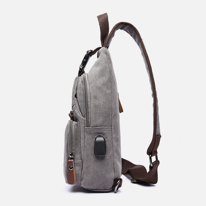 Canvas Sling Bag Crossbody Backpack – Casual Rucksack with USB Charging Port