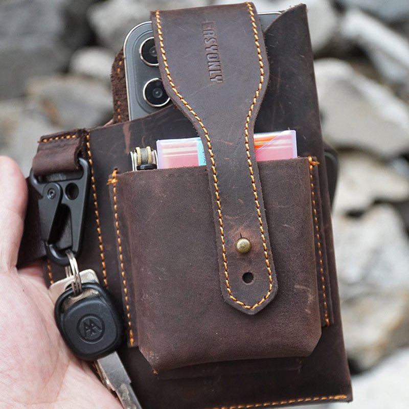 Vintage Leather Waist Phone Bag with Keychain | Outdoor Activity & Daily Use | Genuine Leather