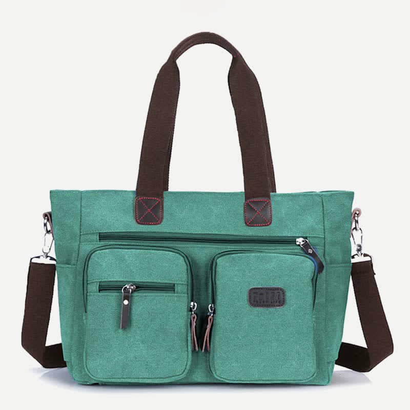 Multi - Pocket Canvas Tote Handbag for Women & Men – Retro Laptop Bag with Adjustable Straps