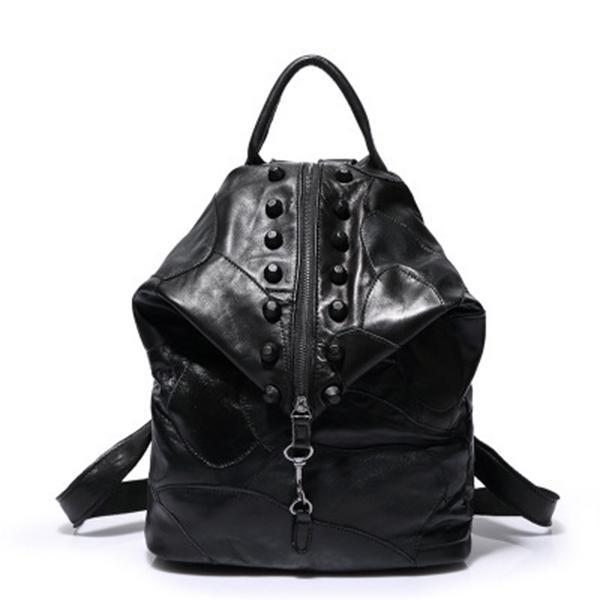 Women's Genuine Leather Splice Rivet Backpack - Stylish & Durable Shoulder Bag for School, Travel, & Daily Use