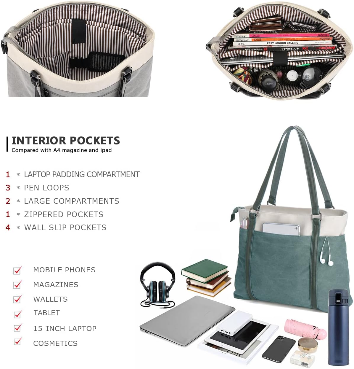 Women Laptop Tote Bag for Work – Lightweight Splice Canvas 15.6 Inch Handbag Purse