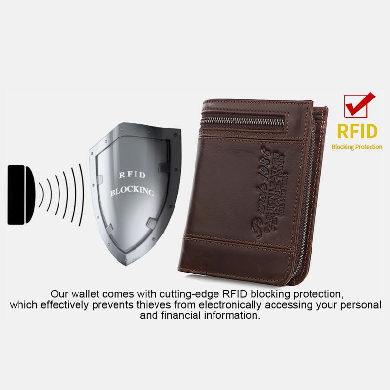 RFID Large Capacity Bifold Wallet for Men – Retro Genuine Leather with 20 Card Slots & Zipper Pockets