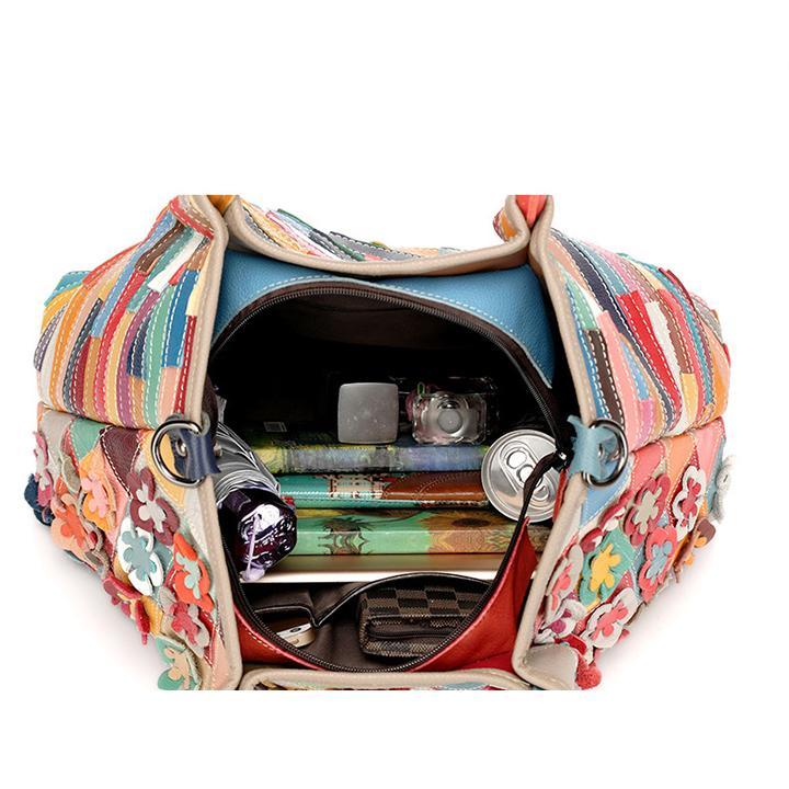 Genuine leather multicolor flower boho handbag