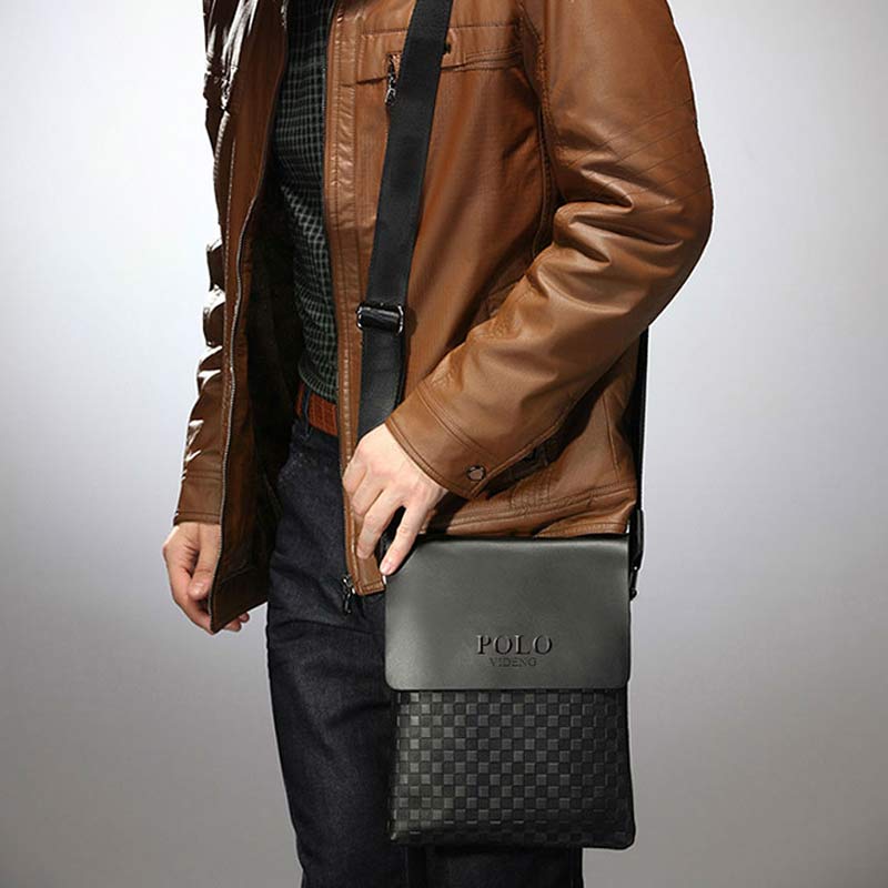 Small Messenger Bag for Men Plaid PU Leather Crossbody Shoulder Bag
