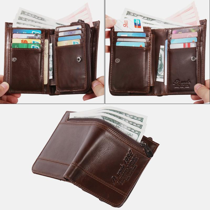 RFID Large Capacity Bifold Wallet for Men – Retro Genuine Leather with 20 Card Slots & Zipper Pockets