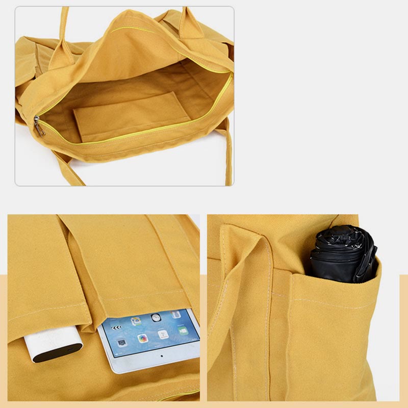 Yellow large canvas tote bag open interior and pocket layout