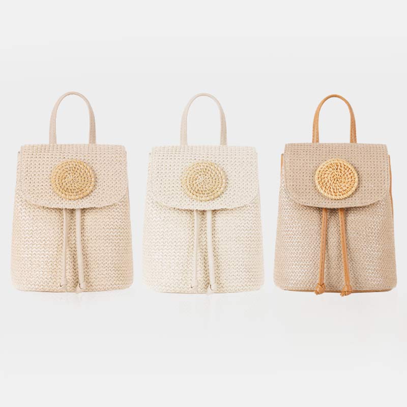 Women’s Straw Backpack – Summer Beach Woven Drawstring Handbag