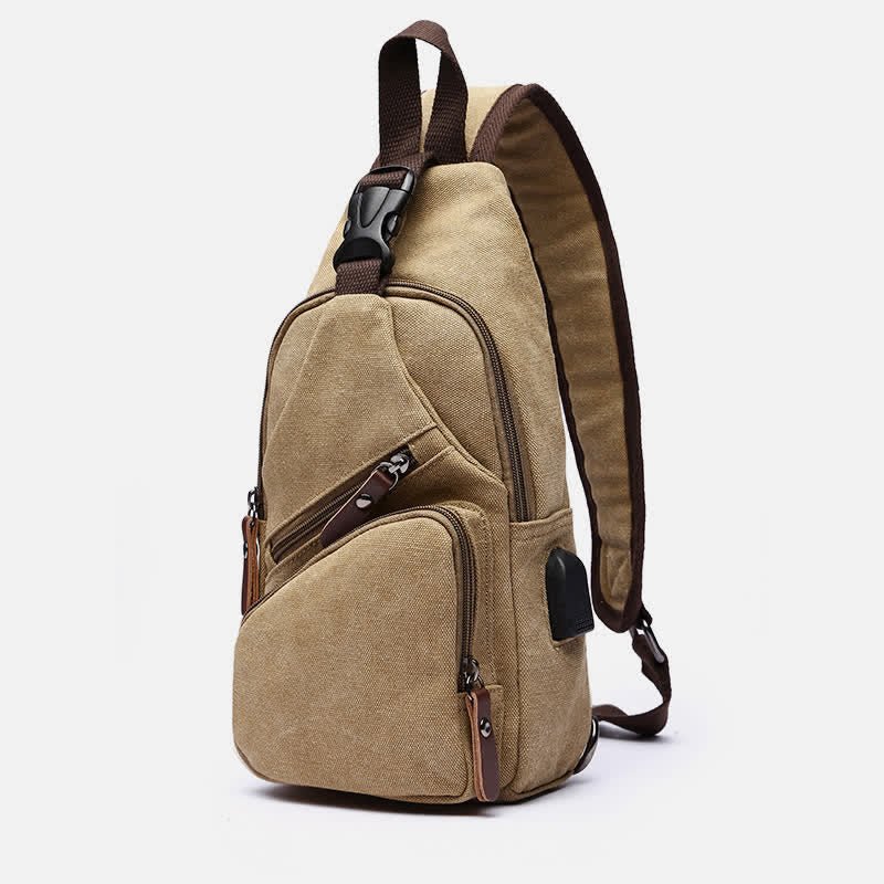Canvas Sling Bag Crossbody Backpack – Casual Rucksack with USB Charging Port