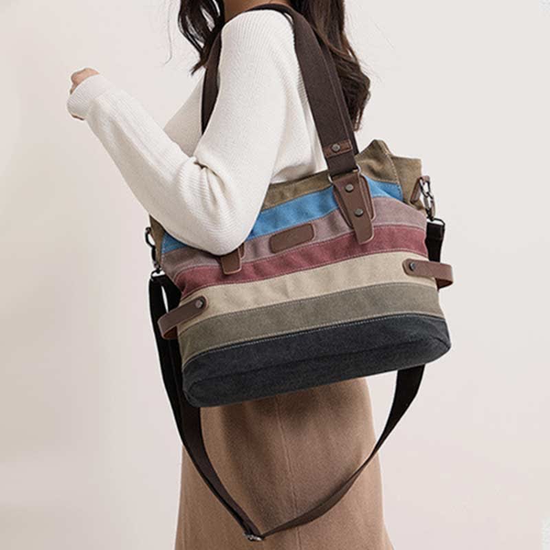 Multifunction Color Block Canvas Tote Bag | Hobo Shoulder Bag & Crossbody Purse