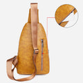 Camel brown PU leather sling bag side view and strap detail