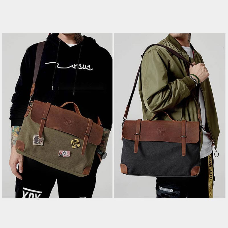 Messenger Bag for Men – Canvas Vintage Crossbody Handbag with Crazy Horse Leather, Casual Business Document Bag