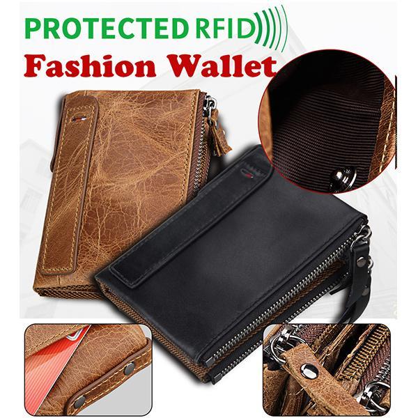 Men’s Genuine Leather RFID Wallet – Multi - Card & Coin Pockets, Zipper & Buckle Closure