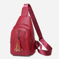 Red PU leather sling bag for women with adjustable strap