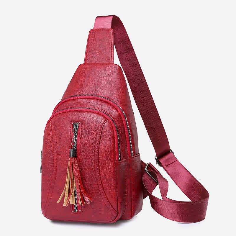 Red PU leather sling bag for women with adjustable strap