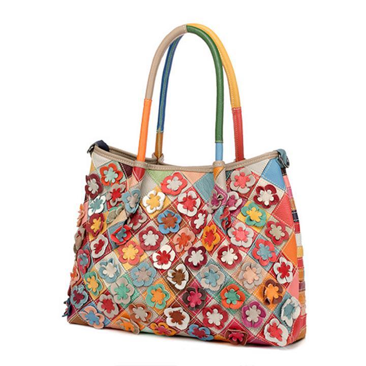 Genuine Leather Multicolor Flower Boho Handbag – A Touch of Artistic Elegance