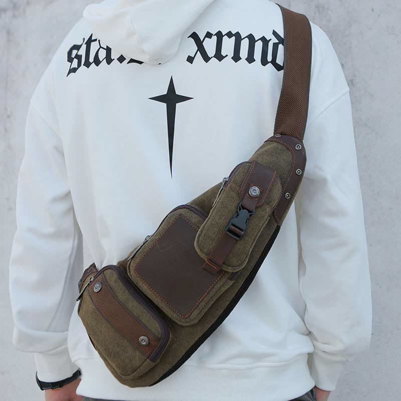 Vintage Canvas Sling Bag for Men - Black & Saddle Brown Crossbody Business Bag