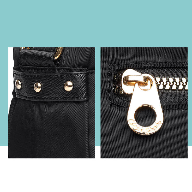 Waterproof nylon crossbody bag zipper pull and hardware close-ups