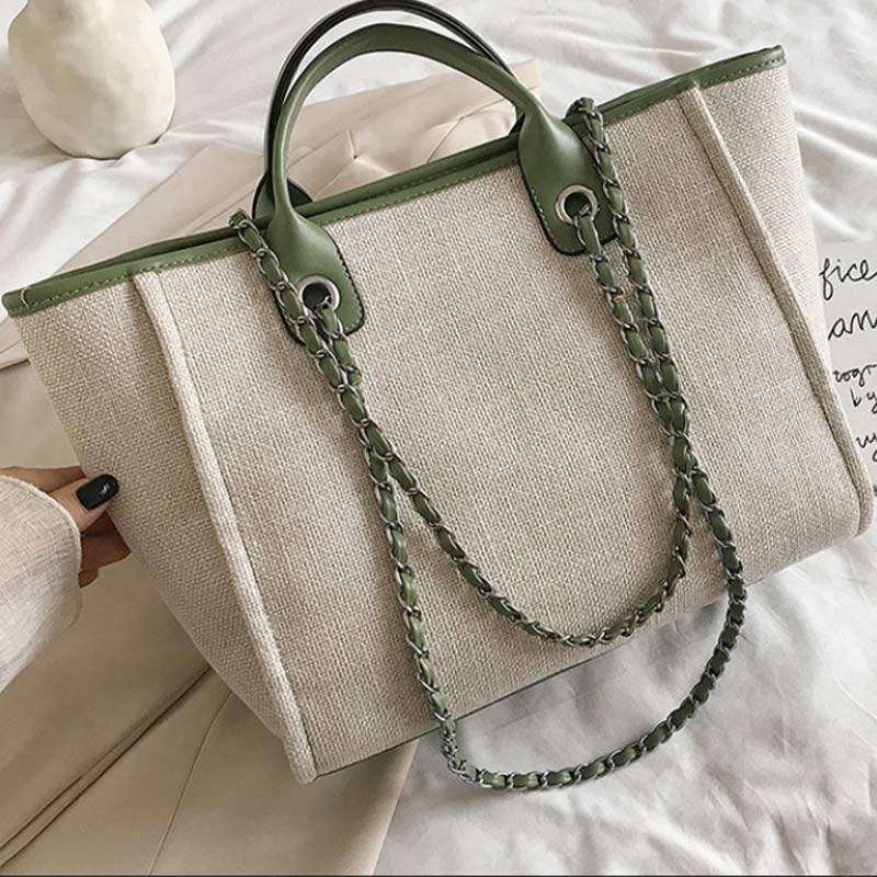 Crossbody Canvas Tote for Women – Chain Strap Bucket Bag