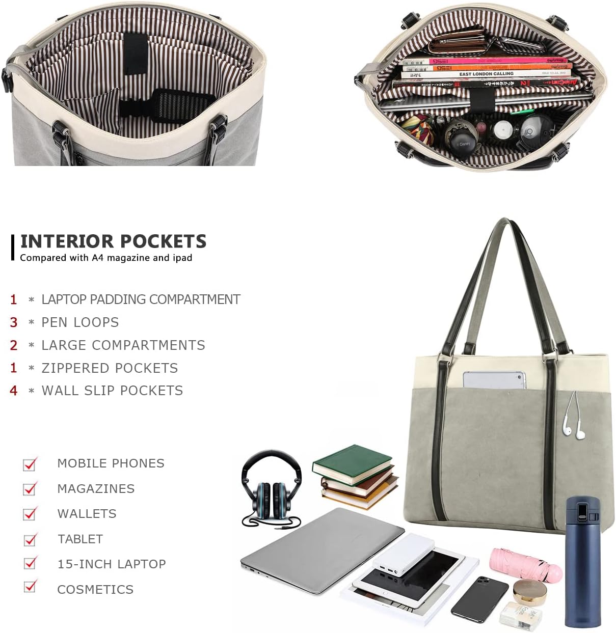 Women Laptop Tote Bag for Work – Lightweight Splice Canvas 15.6 Inch Handbag Purse