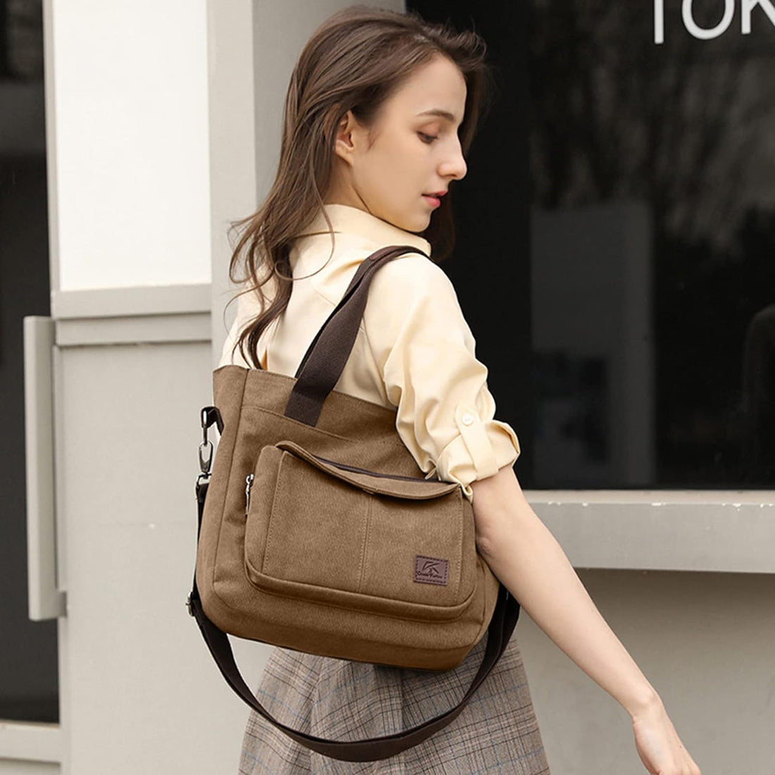 Women's multi-pocket canvas work tote bag