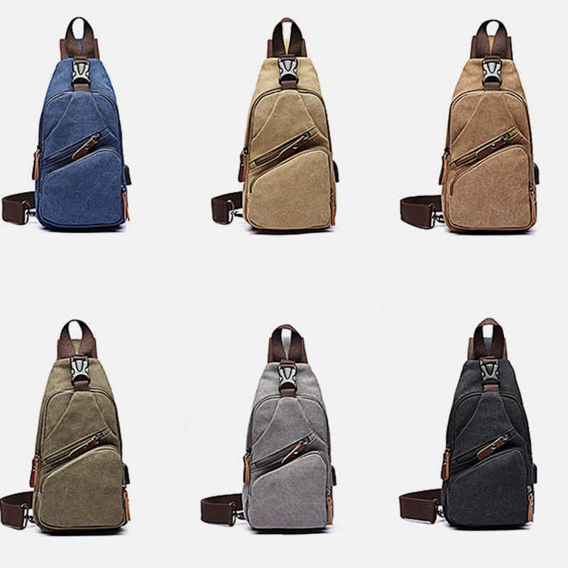 Canvas Sling Bag Crossbody Backpack – Casual Rucksack with USB Charging Port