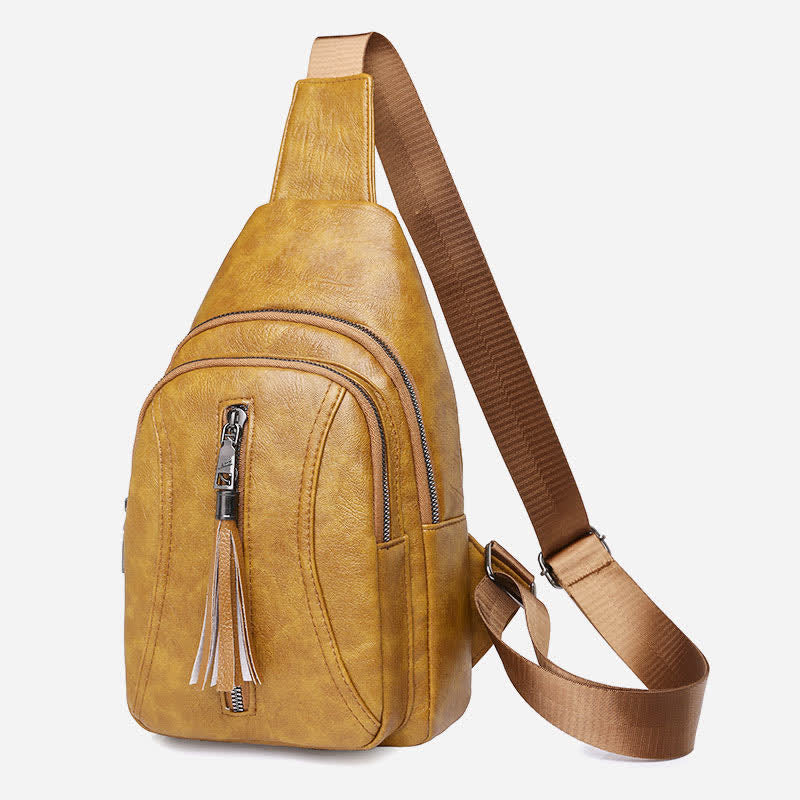 Camel brown PU leather sling bag for women with adjustable strap