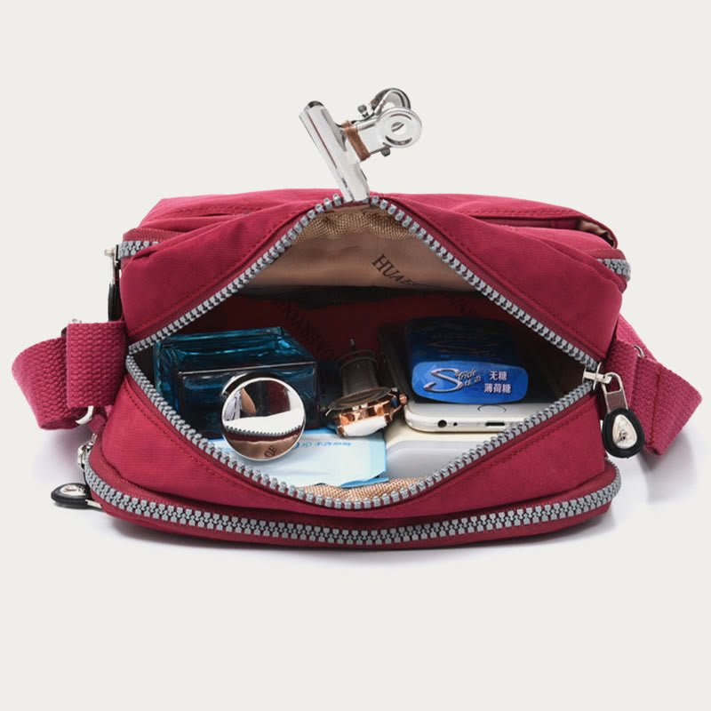 Purple waterproof three-layer nylon crossbody bag for women
