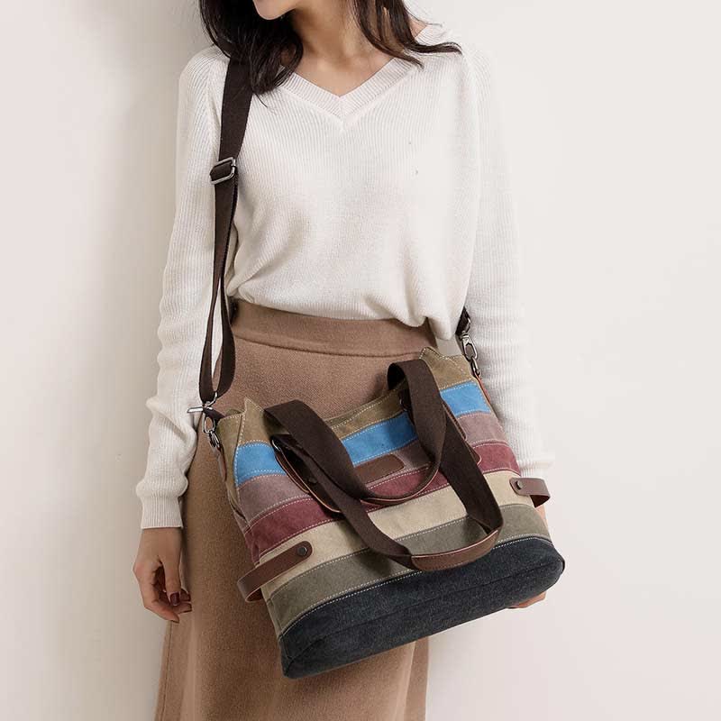 Multifunction Color Block Canvas Tote Bag | Hobo Shoulder Bag & Crossbody Purse