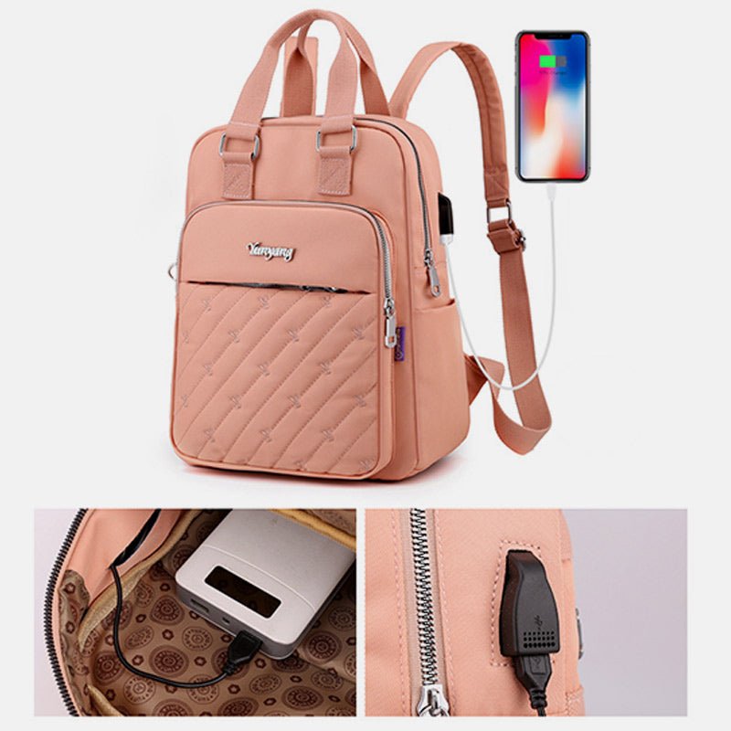 Lightweight Embossed Embroidery Backpack with USB Charging Port – Perfect for Women on the Go