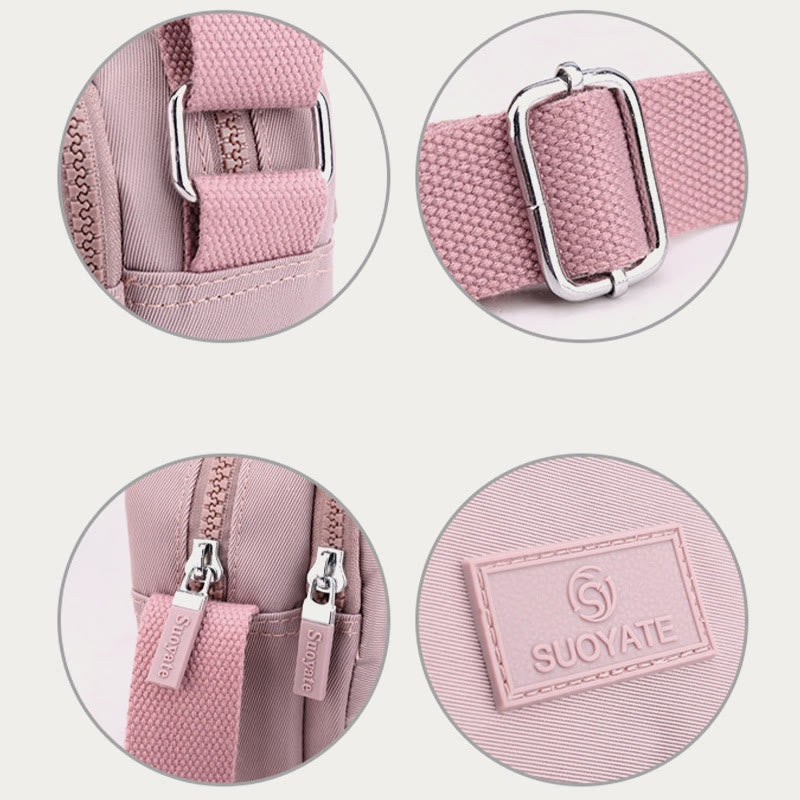 Four-zip crossbody bag buckle, zipper, and nylon fabric details