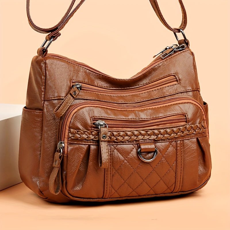 Women's multi-pocket leather shoulder bag