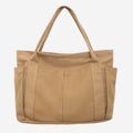 Beige canvas tote bag with canvas handles and zipper closure
