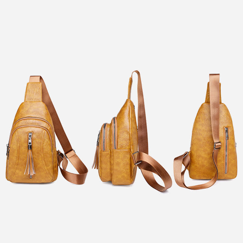 Camel brown PU leather sling bag shown from front, side, and back