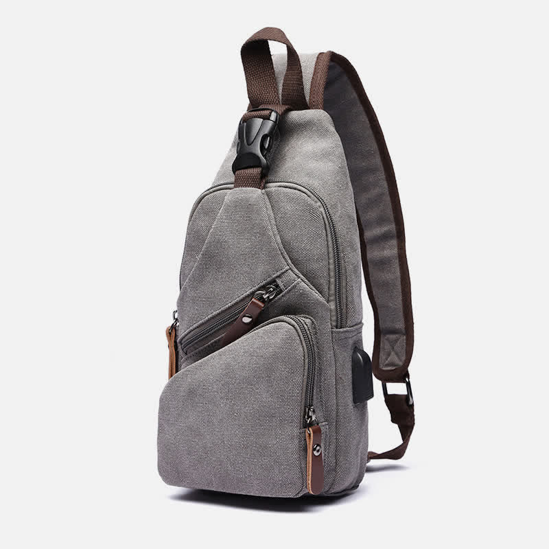 Canvas Sling Bag Crossbody Backpack – Casual Rucksack with USB Charging Port
