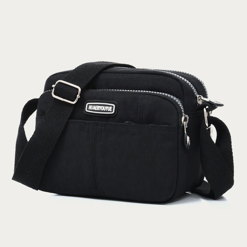 Black waterproof three-layer nylon crossbody bag for women