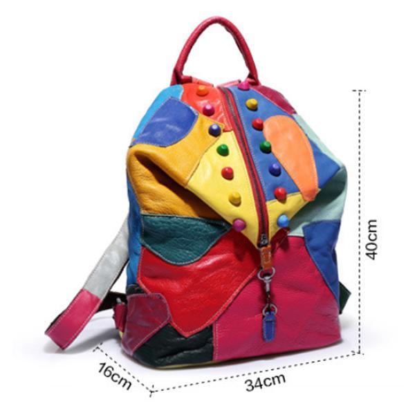 Women's Genuine Leather Splice Rivet Backpack - Stylish & Durable Shoulder Bag for School, Travel, & Daily Use