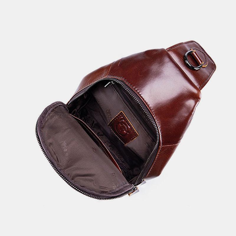 Genuine leather sling chest bag with earphone hole