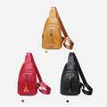 Camel brown, red, and black PU leather sling bag color options