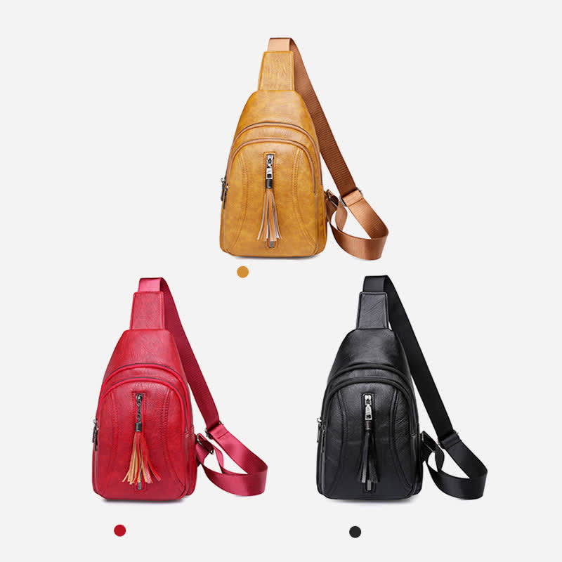 Camel brown, red, and black PU leather sling bag color options