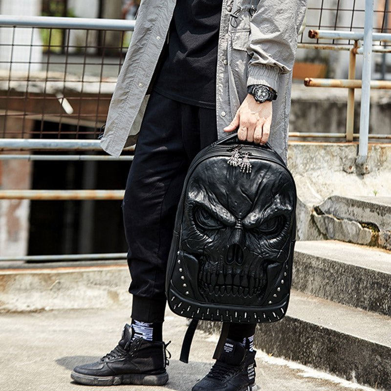 3D Skull Punk Rivet Leather Backpack | Waterproof Embossed Ghost Head Knapsack