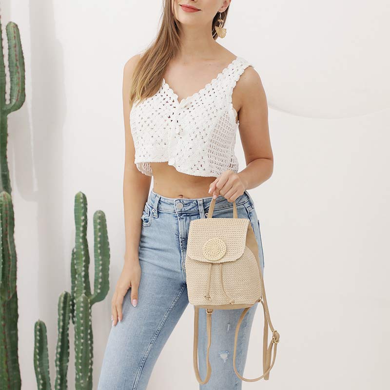 Women’s Straw Backpack – Summer Beach Woven Drawstring Handbag