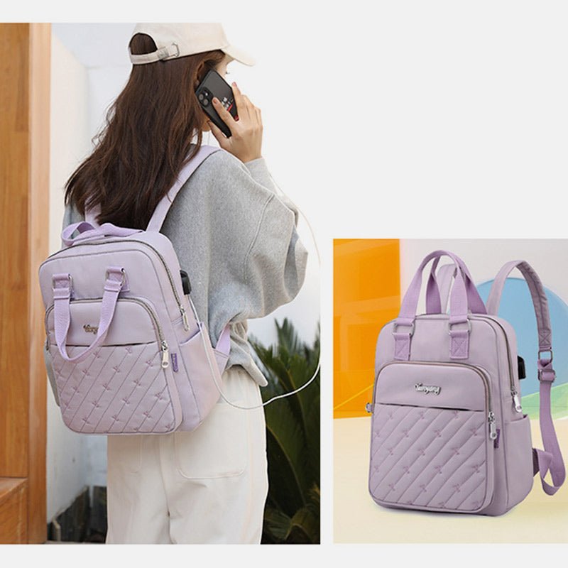 Lightweight Embossed Embroidery Backpack with USB Charging Port – Perfect for Women on the Go
