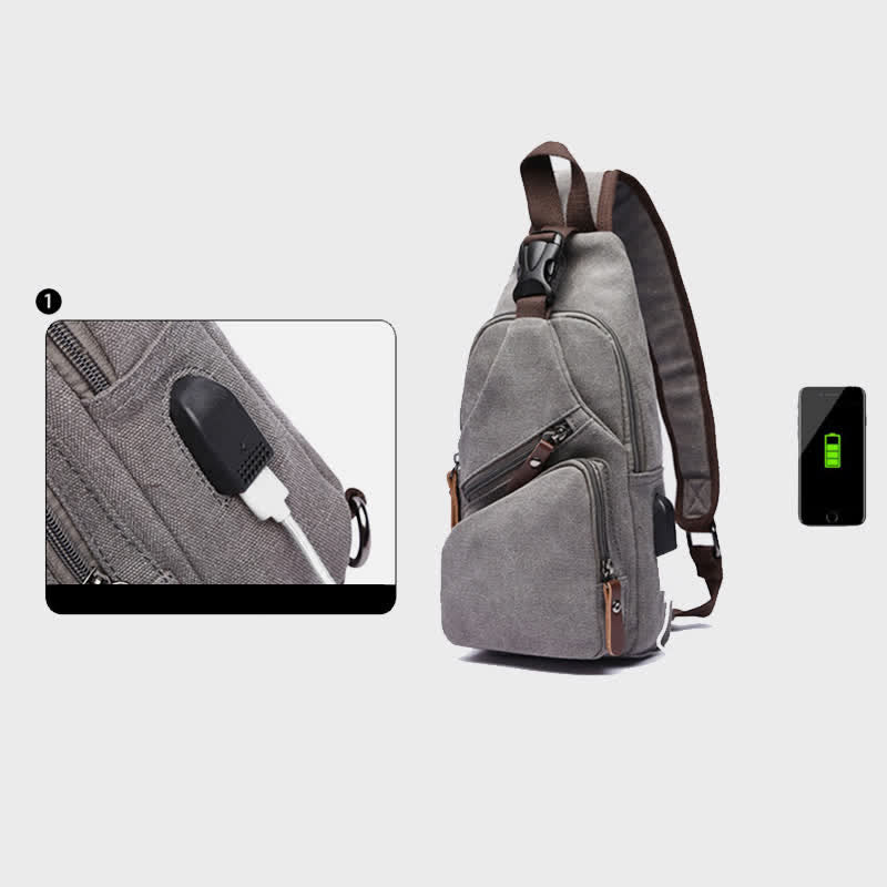 Canvas Sling Bag Crossbody Backpack – Casual Rucksack with USB Charging Port