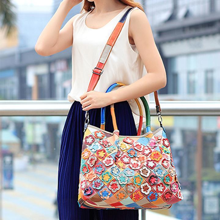 Genuine Leather Multicolor Flower Boho Handbag – A Touch of Artistic Elegance